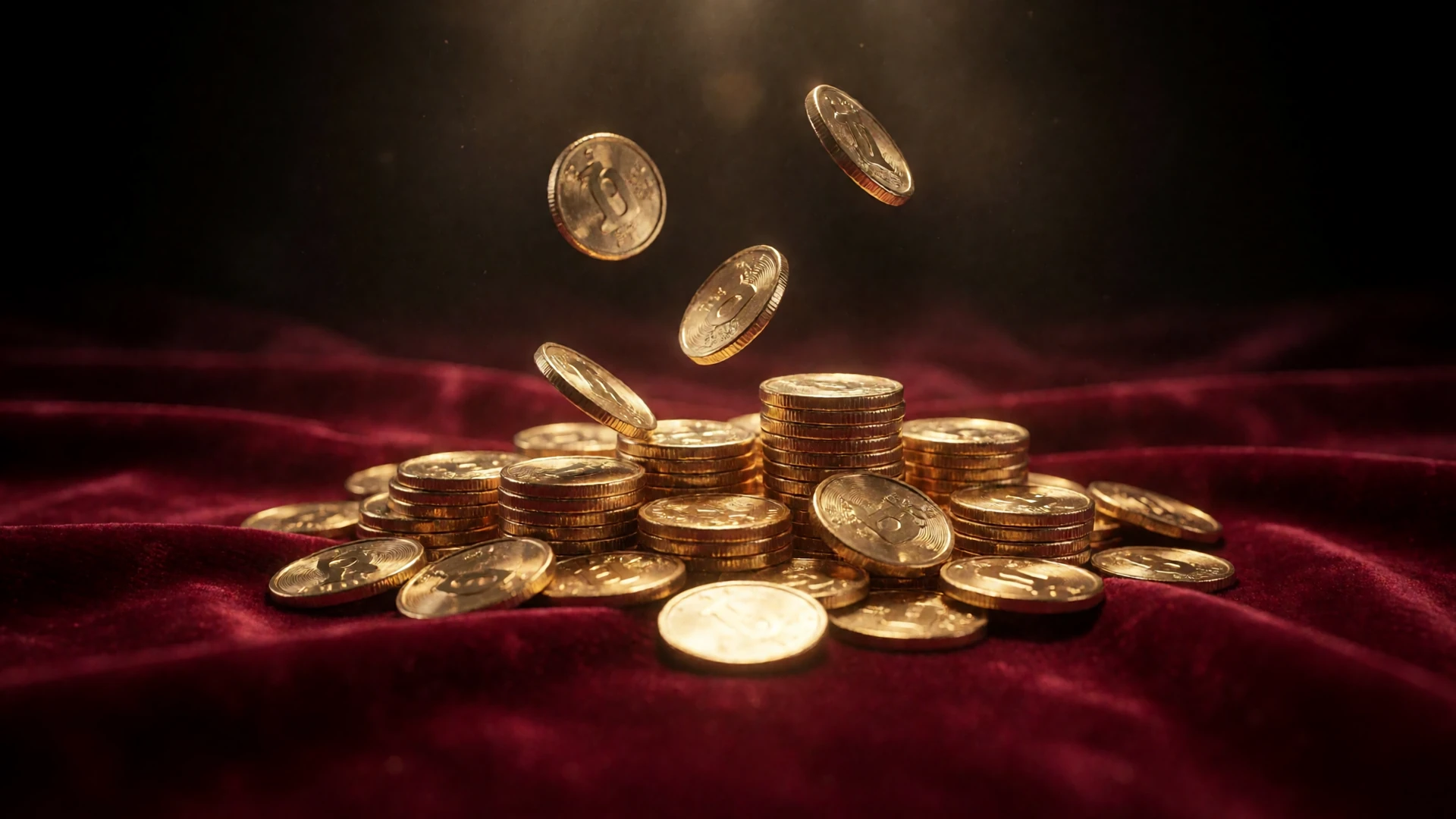 Gestapelte Goldm&uuml;nzen auf roter Samt-Seide als Symbol f&uuml;r den Casina Casino Bonus