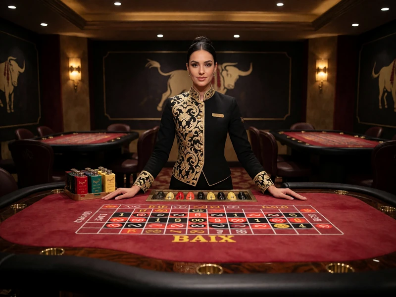 Luxuri&ouml;ses Live-Casino-Studio mit Roulette-Tisch und Dealerin in Schwarz-Gold bei Casina