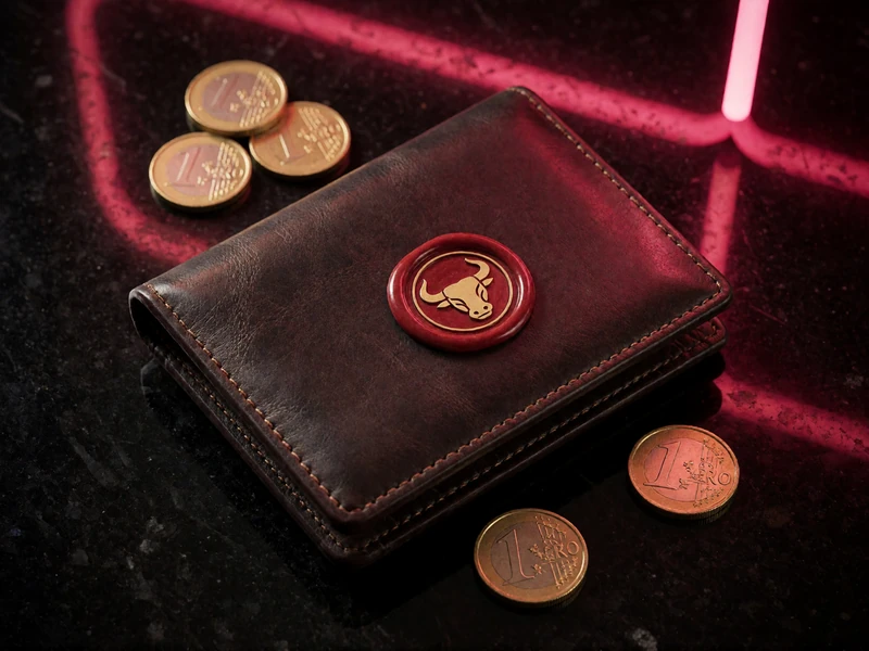 Dunkles Leder-Portemonnaie mit Goldm&uuml;nzen und Stier-Siegel als Symbol f&uuml;r sichere Auszahlungen bei Casina