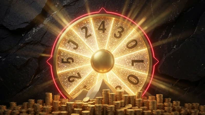 Gl&uuml;hendes goldenes Jackpot-Rad mit M&uuml;nzberg als Symbol f&uuml;r progressive Jackpots bei Casina