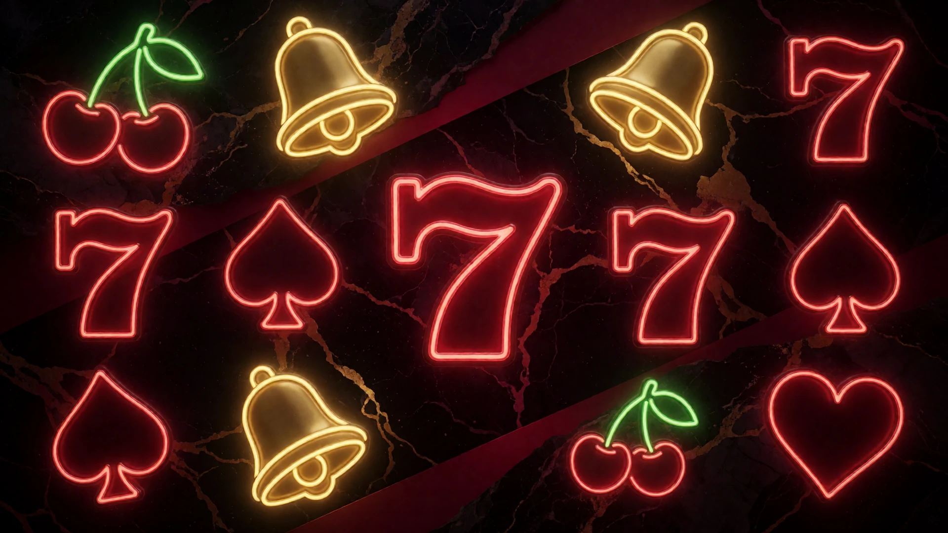 Leuchtende Neon-Slot-Symbole mit Kirschen, Glocken und Siebenen auf dunklem Basalt bei Casina Casino