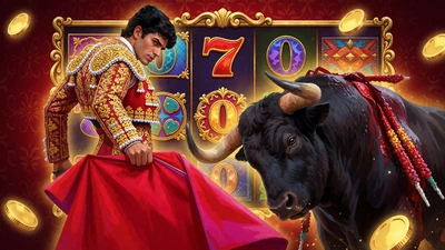 Stierk&auml;mpfer-Slot mit Matador und rotem Muleta-Umhang vor crimson Hintergrund bei Casina