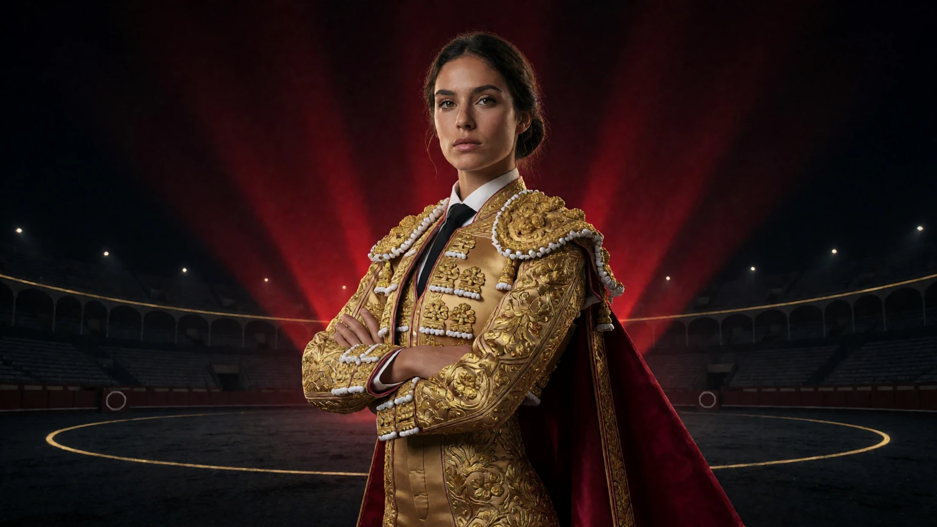 Selbstbewusste Torera im goldenen Matador-Anzug mit rotem Umhang in der dunklen VIP-Arena von Casina Casino