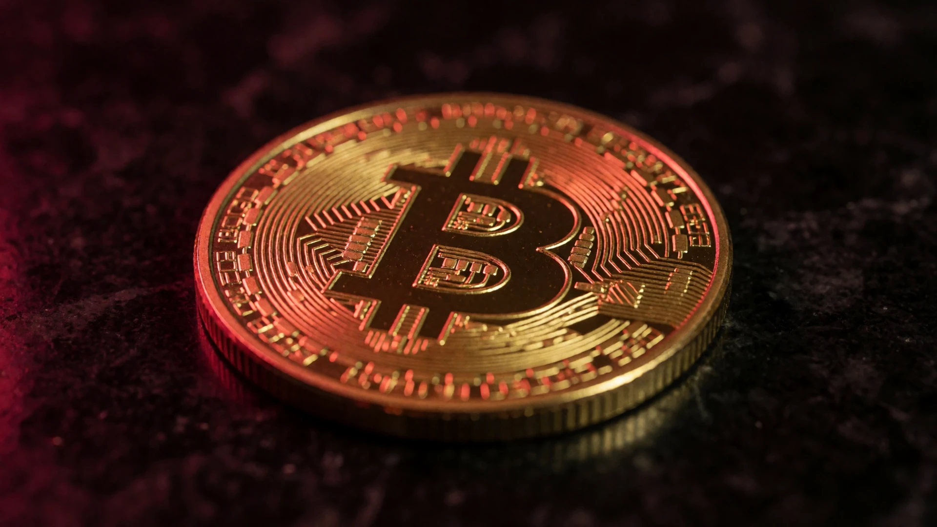 Goldene Bitcoin-M&uuml;nze auf dunklem Basaltstein mit rotem Neonlicht als Symbol f&uuml;r schnelle Zahlungsmethoden bei Casina Casino