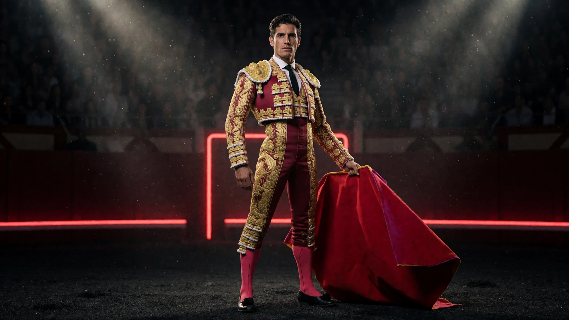 Selbstbewusster Matador in rot-goldener Torero-Kleidung in der dunklen Arena von Casina Casino
