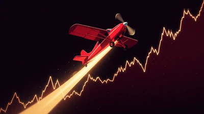 Rotes Propellerflugzeug mit goldener Lichtspur vor steigendem Diagramm als Symbol f&uuml;r Crash Games wie Aviator